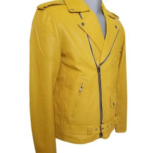 Olson's yellow biker style leather jacket with waist belt - Image 3