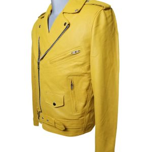 Olson's yellow biker style leather jacket with waist belt - Image 4