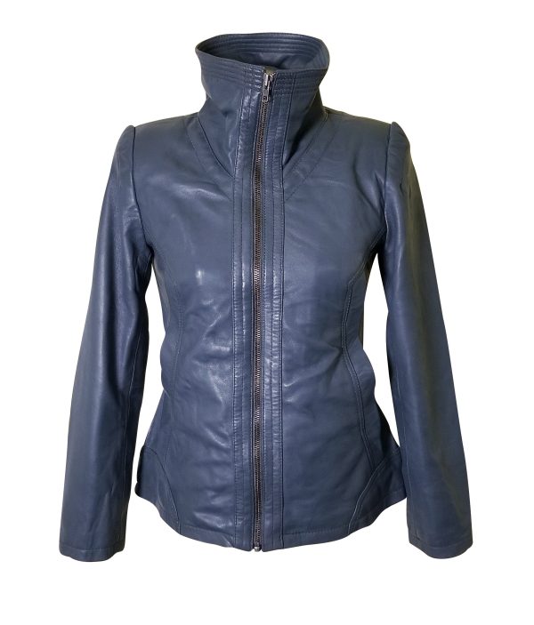 Marva Grey Leather Jacket With Flap Collars - Image 3