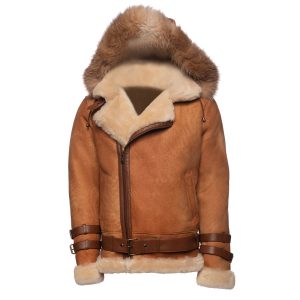 Rocco Vintage Cognac Aviator bomber shearling jacket with Fox trim hoodie - Image 8