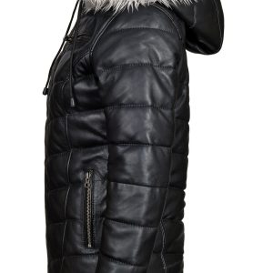 Snow’s Winter Puffer Leather Jacket With Fur Trimmed Hoodie - Image 3