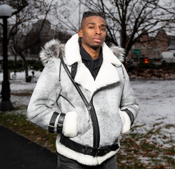Rocco Vintage Distressed Grey Aviator bomber shearling jacket with hoodie - Image 2