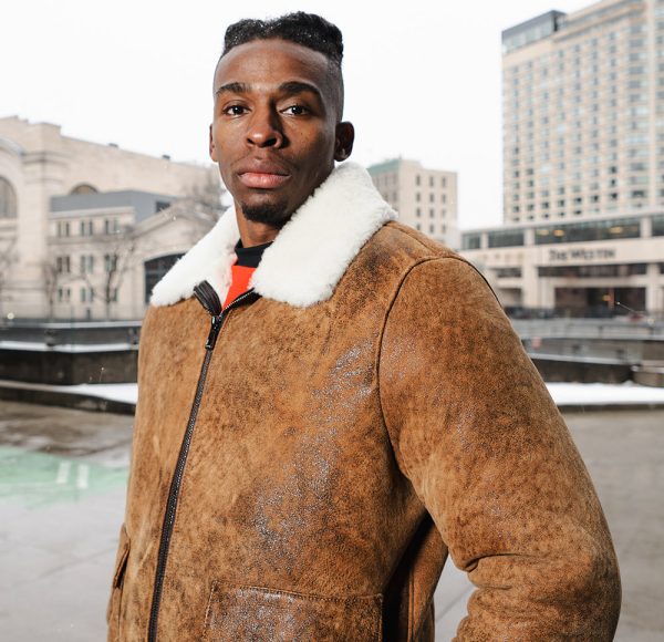 Lucian's distressed brown A2 Bomber shearling jacket - Image 3