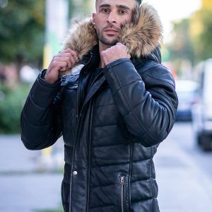 Rossi's polyfill winter leather jacket with fur on hoodie - Image 3
