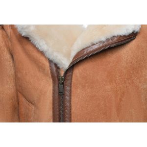 Rocco Vintage Cognac Aviator bomber shearling jacket with Fox trim hoodie - Image 12