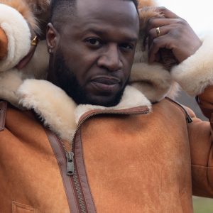 Rocco Vintage Cognac Aviator bomber shearling jacket with Fox trim hoodie - Image 3