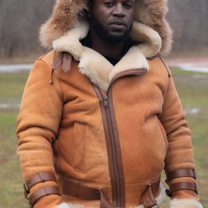 Rocco Vintage Cognac Aviator bomber shearling jacket with Fox trim hoodie - Image 4