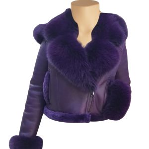 Sierra's Purple Sheepskin Shearling Crop Jakcet with hoodie and Fox Fur - Image 3