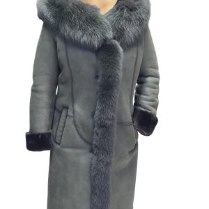 Pheobe's Grey Hooded Suede Shearling Jacket with fox fur - Image 3