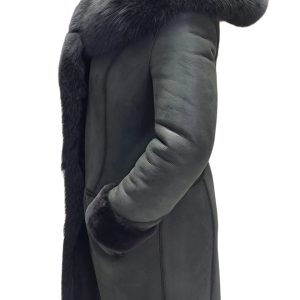 Pheobe's Grey Hooded Suede Shearling Jacket with fox fur - Image 4