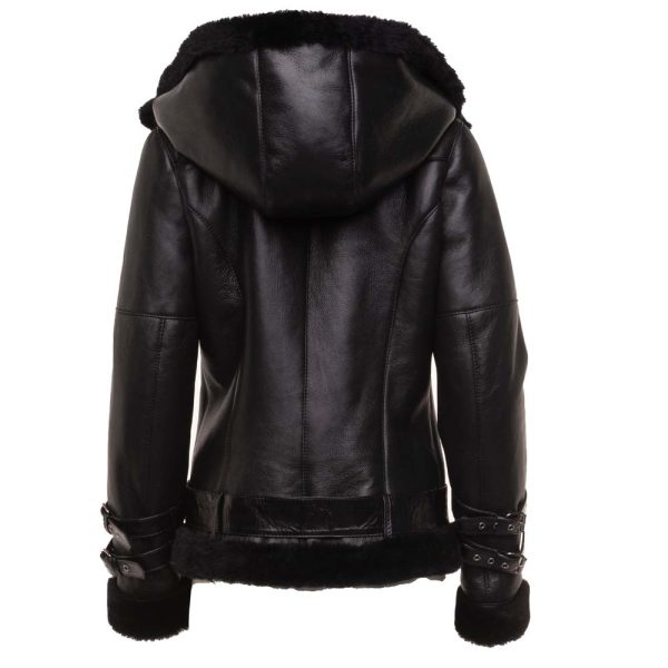 Sofie's black biker style sheepskin shearling jacket with hoodie - Image 5