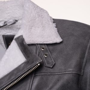 Vintage Grey Biker Leather jacket with Sherpa lining - Image 3