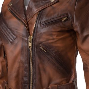 Tracy's shaded brown crop biker leather jacket with waist belt - Image 4