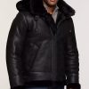 Classic sheepskin b-3 bomber black jacket with detachable hood for men - Image 2