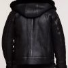 Classic sheepskin b-3 bomber black jacket with detachable hood for men - Image 3