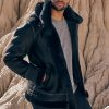 Classic sheepskin b-3 bomber black jacket with detachable hood for men