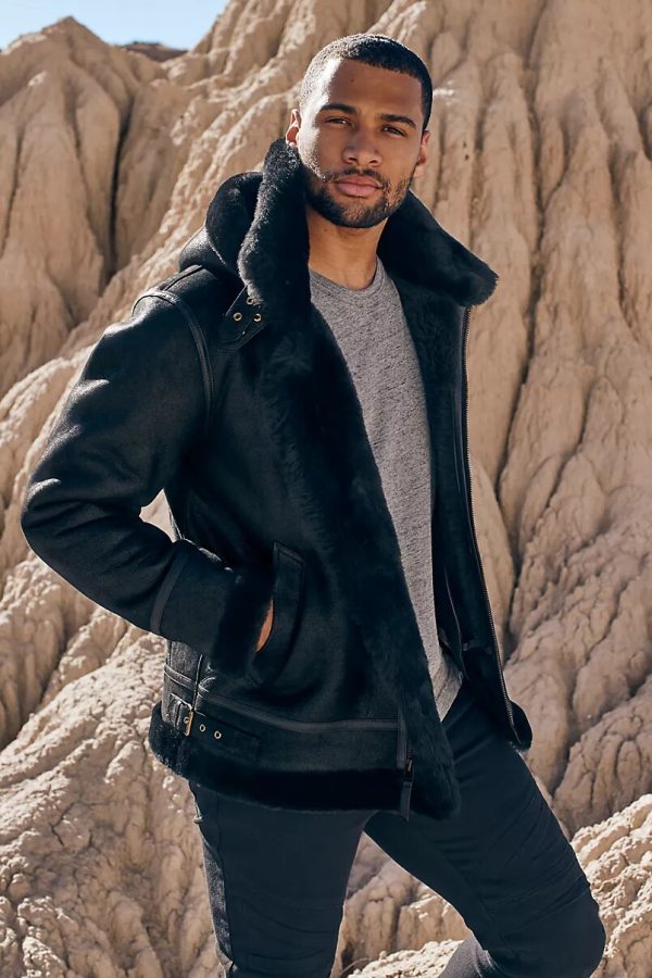 Classic sheepskin b-3 bomber black jacket with detachable hood for men