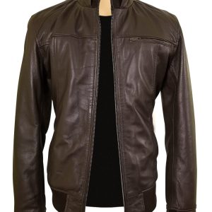 Brown leather jacket with straight ribbed collar, cuffs and hem - Image 5