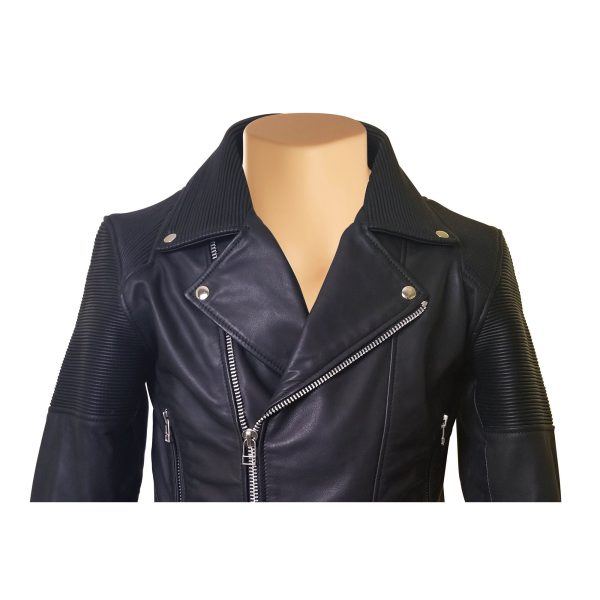 Brett’s biker style leather jacket with stretchy leather - Image 2