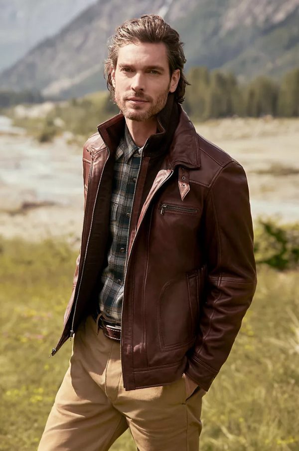 Memphis lambskin brown leather bomber moto jacket for men