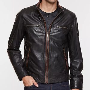 Stanley lambskin black leather moto jacket for men - Image 4