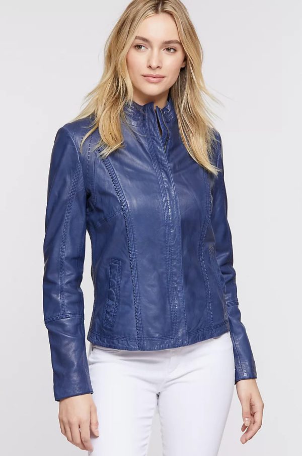 Azura washed lambskin blue leather jacket for women - Image 3