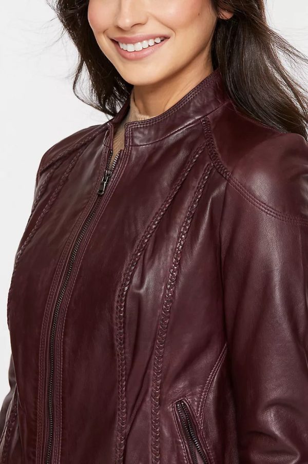 Sue washed lambskin brown leather moto jacket for women