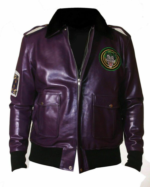 Batman Henchmen Joker Goon Purple Pink Bomber LEATHER Jacket with Fur Collar - Image 2