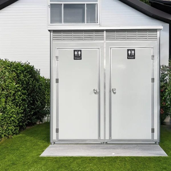 6 ft. 6 in W x 3 ft. 5 in. D Metal Portable Shed with Double Stall Flushing Restroom and Sink - Image 2