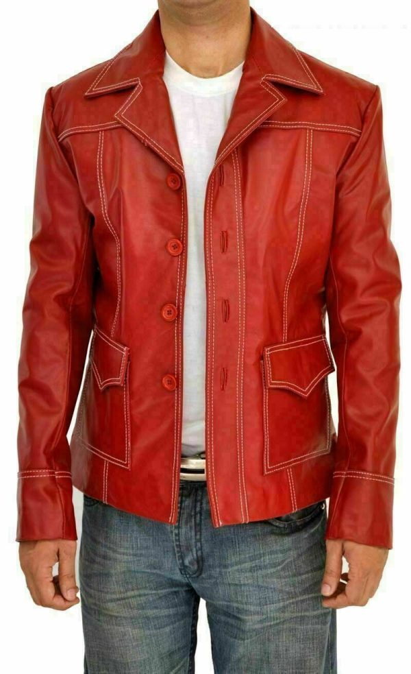 Fight Club Brad Pitt Real Leather Jacket F C Coat Red BIKER VINTAGE MOTORCYCLE