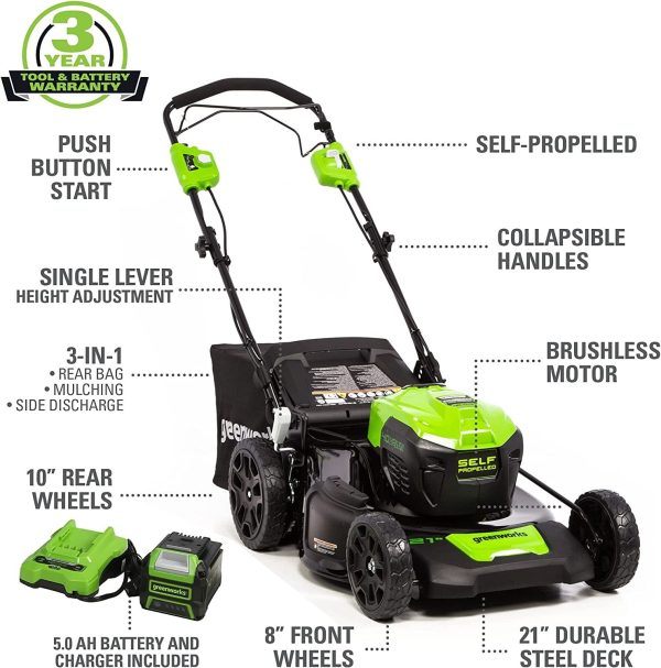 Greenworks 21" 40V Battery Self-Propelled Lawn Mower with 5.0 Ah Battery & Charger - Image 3