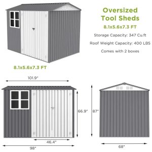 8.1X5.6X7.3FT Outdoor Storage Shed, Metal Tool Sheds With Window & Double Hinged Lockable Doors - Image 2