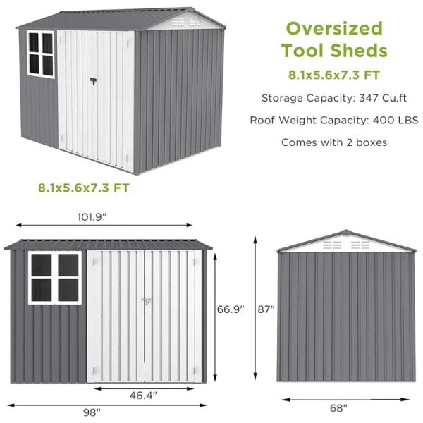 8.1X5.6X7.3FT Outdoor Storage Shed, Metal Tool Sheds With Window & Double Hinged Lockable Doors - Image 2