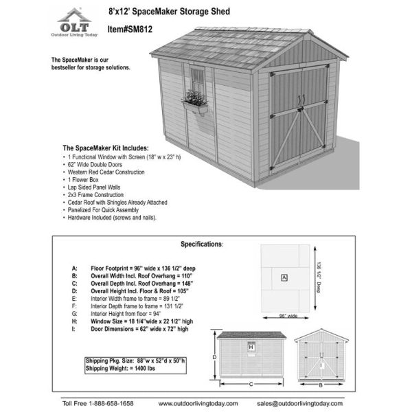 Outdoor Living Today 8 ft. W x 12ft D SpaceMaster Cedar Wood Storage Shed - Image 7