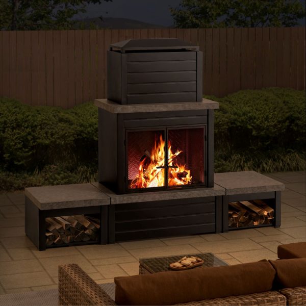 Sunjoy 58 in. Wood Burning Fireplace, Steel Outdoor Fireplace with Chimney, Log Holders, Fireplace Tool, and PVC Cover - Image 2