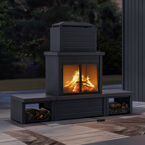 Sunjoy 58 in. Wood Burning Fireplace, Steel Outdoor Fireplace with Chimney, Log Holders, Fireplace Tool, and PVC Cover - Image 13