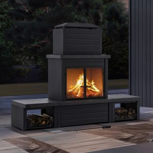 Sunjoy 58 in. Wood Burning Fireplace, Steel Outdoor Fireplace with Chimney, Log Holders, Fireplace Tool, and PVC Cover - Image 24