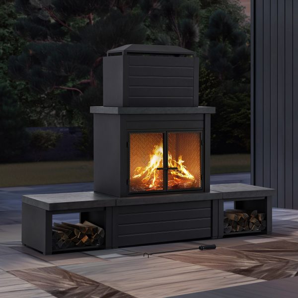 Sunjoy 58 in. Wood Burning Fireplace, Steel Outdoor Fireplace with Chimney, Log Holders, Fireplace Tool, and PVC Cover - Image 24