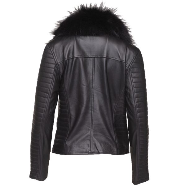 Amarah’s Large Fur Shawl leather jacket with ribbed sleeve detailing - Image 2