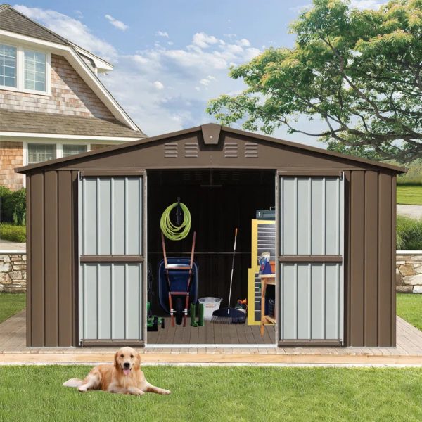 Backyard Storage Shed , Outdoor Garden Shed Metal Utility Tool Storage Room With Lockable Door For Patio (Brown) - Image 5