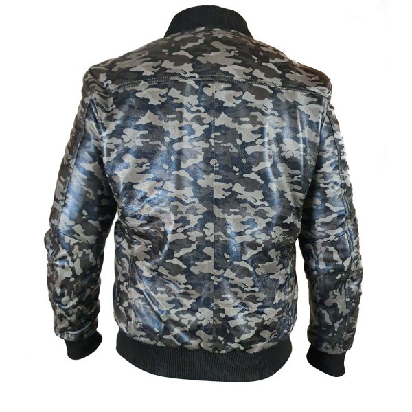 Bomber Grey Camouflage Military print leather jacket - Image 2