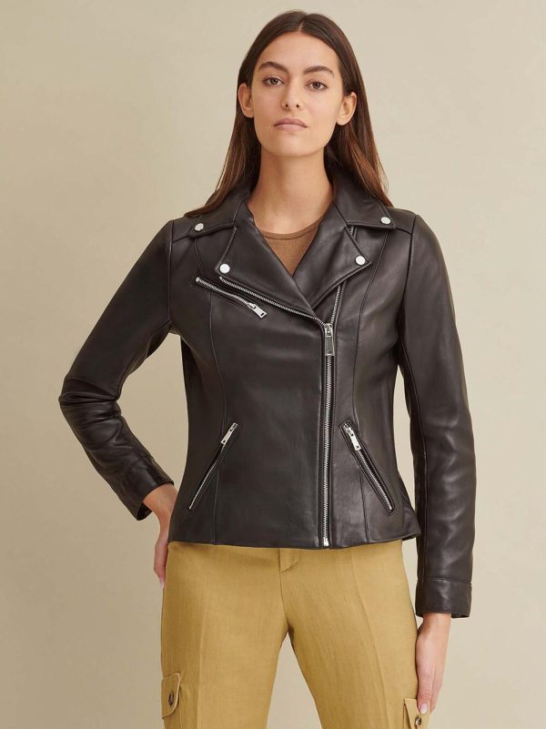 Black Leather Jacket with Metallic Details for women - Image 3