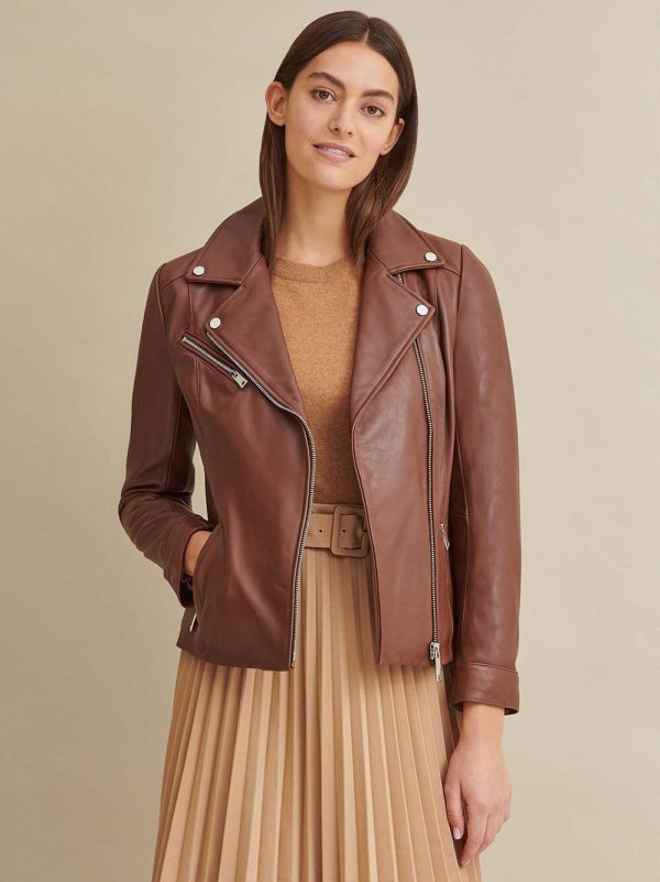 Brown leather jacket with metallic details for women