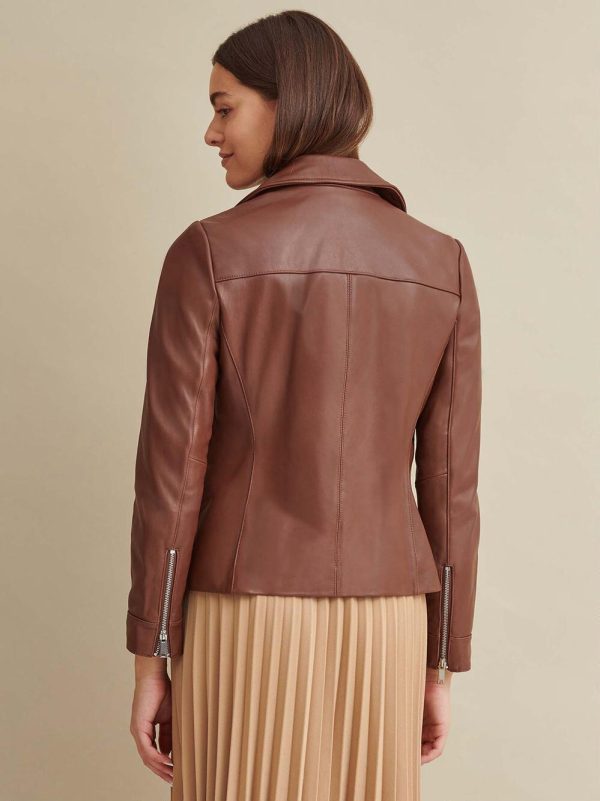 Brown leather jacket with metallic details for women - Image 2