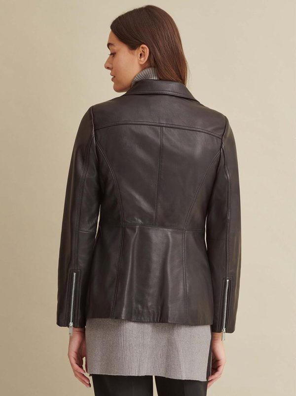 Convertible collar black leather jacket for women - Image 2