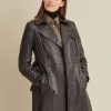 Double breasted belted black leather trench coat for women - Image 2