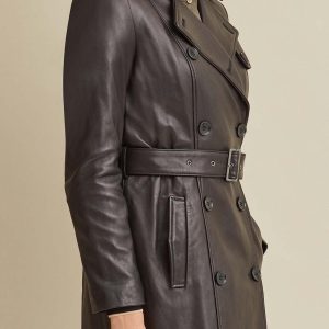 Double breasted belted black leather trench coat for women - Image 4