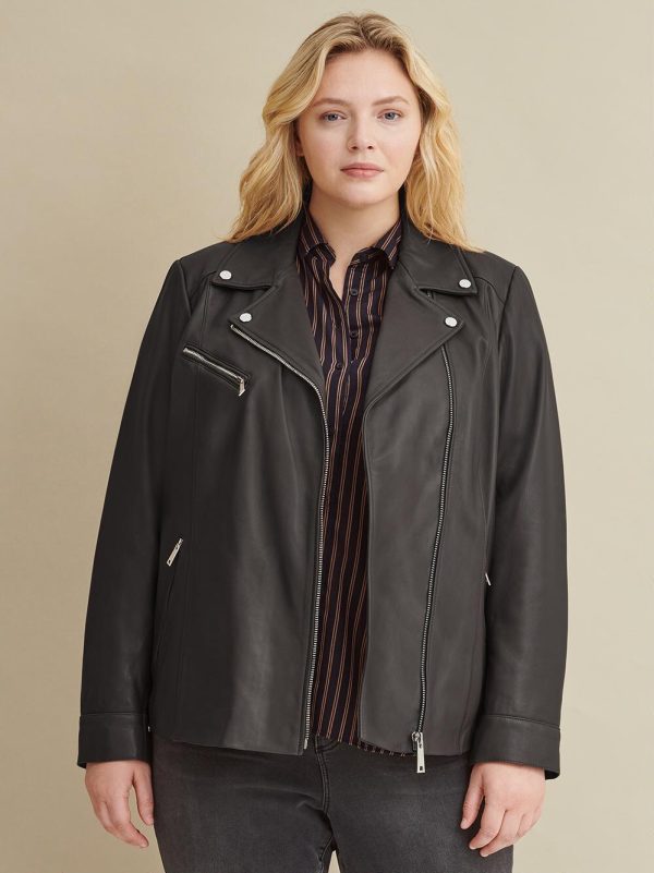 Black leather jacket with metallic details for women