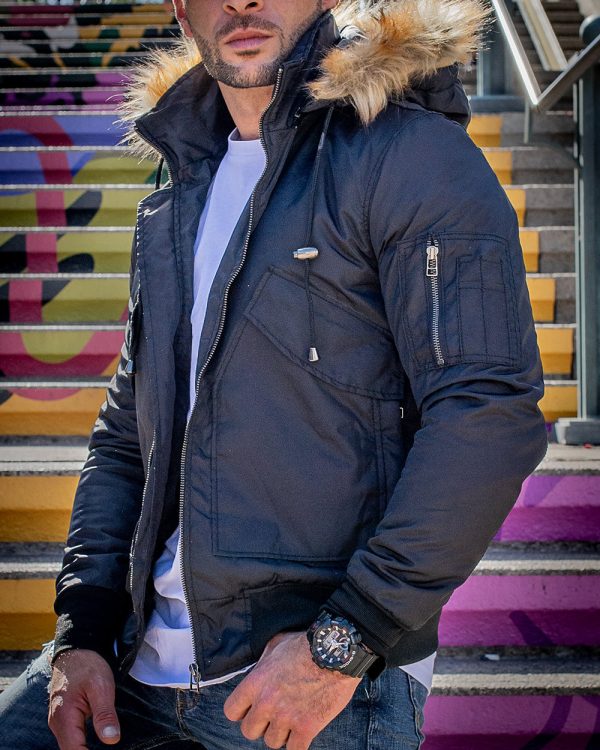 Isaac’s Black Nylon flight jacket with fur on collar - Image 4