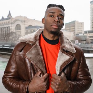 Mateo Brown Biker bomber shearling jacket with lapels - Image 3